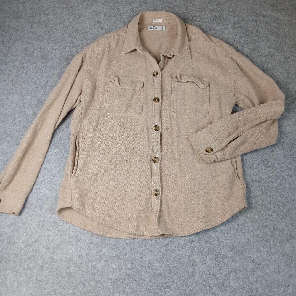 Hollister Shacket Women Small Tan Boyfriend Fit Cotton Twill Button Down Shirt